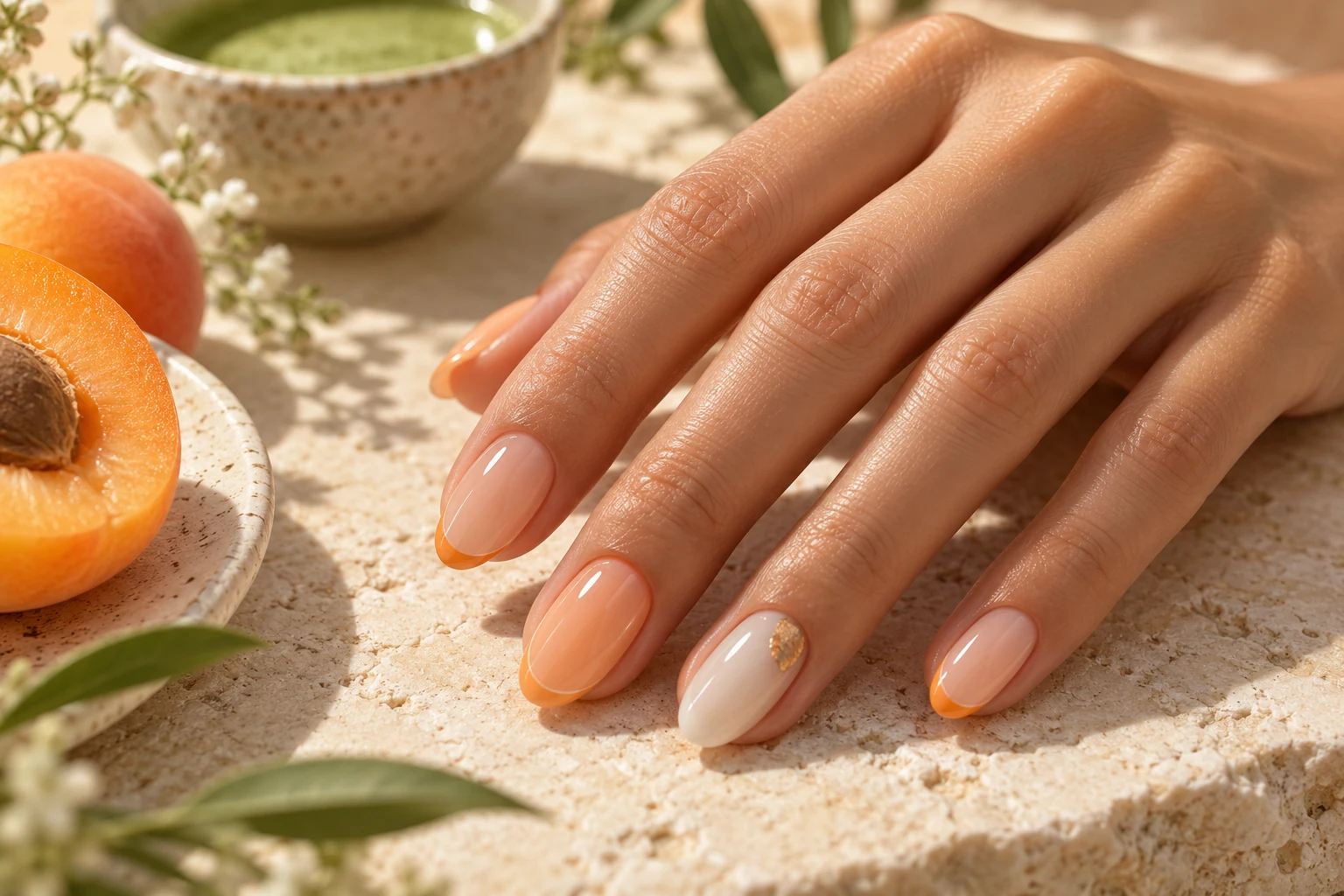 AI-generated apricot manicure with delicate French tips